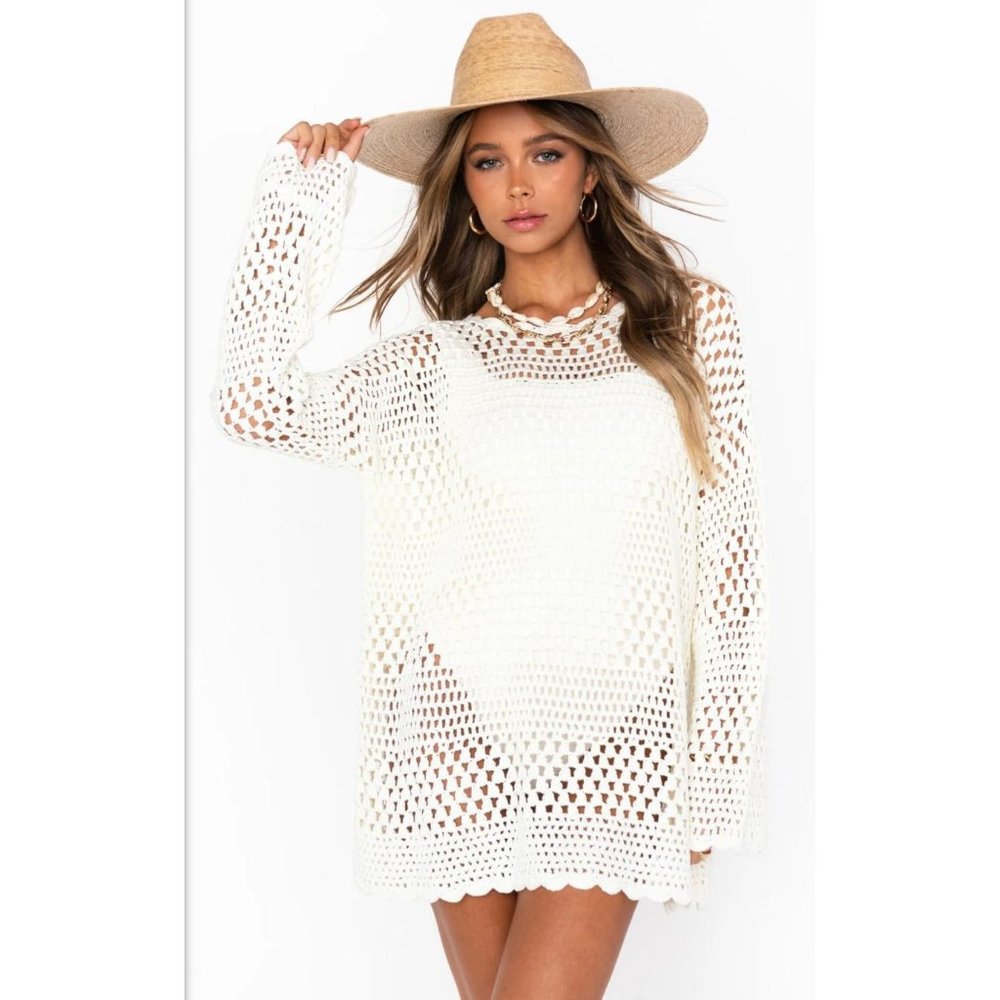 Show Me Your Mumu Paula Pullover Long Sleeve Crochet Knit Cover Up White Sz 3XL